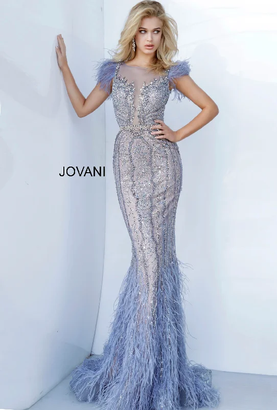 Beaded Feather Fitted Sleeveless Gown by Jovani 02326