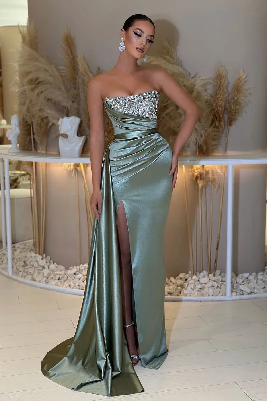 Beading Mermaid Dusty Sage Strapless Prom Dresses   SM114