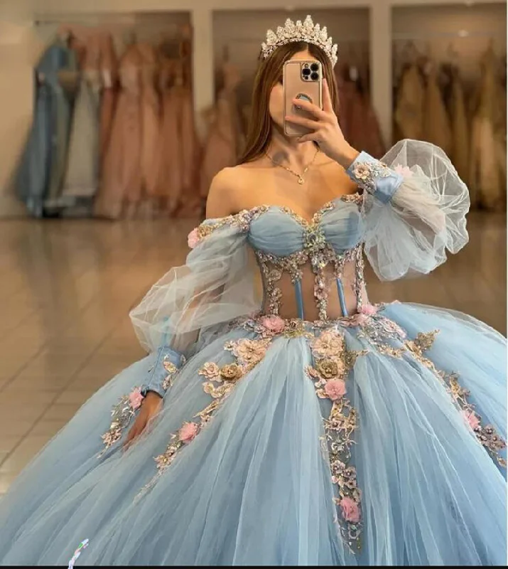 Blue Quinceanera Dresses Ball Gown Puffy Sleeves Prom Dress with handmade flowers PS4531