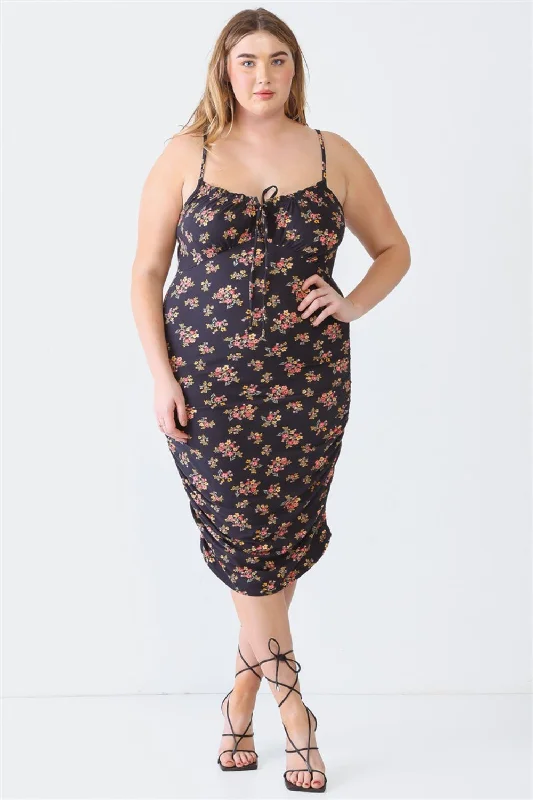 Blue Zone Planet |  Blue Leopard Plus Size Ruched Floral Square Neck Cami Dress