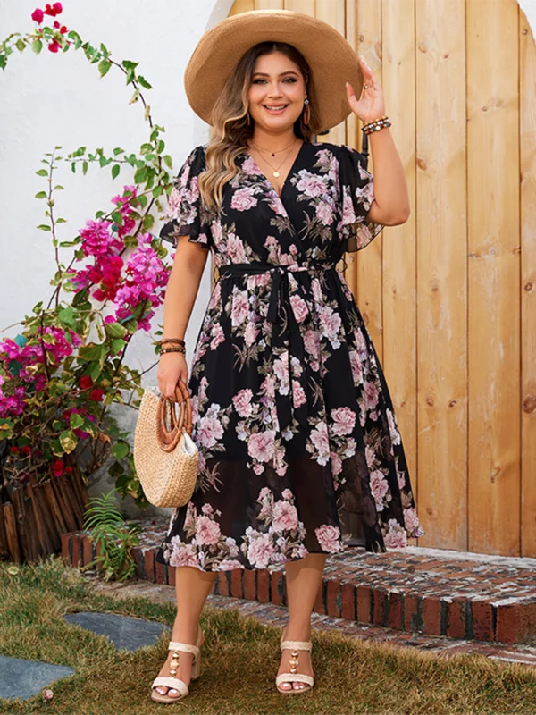 Blue Zone Planet | Plus size V-neck fluttering sleeves waisted floral floral dress