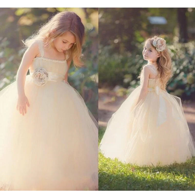 Champagne Ball Gown Little Flower Girl Dress Children Communion Dresses with Straps