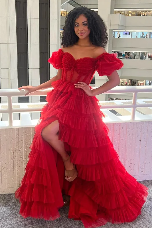 Charming A Line Off the Shoulder Red Corset Prom Dress with Ruffles