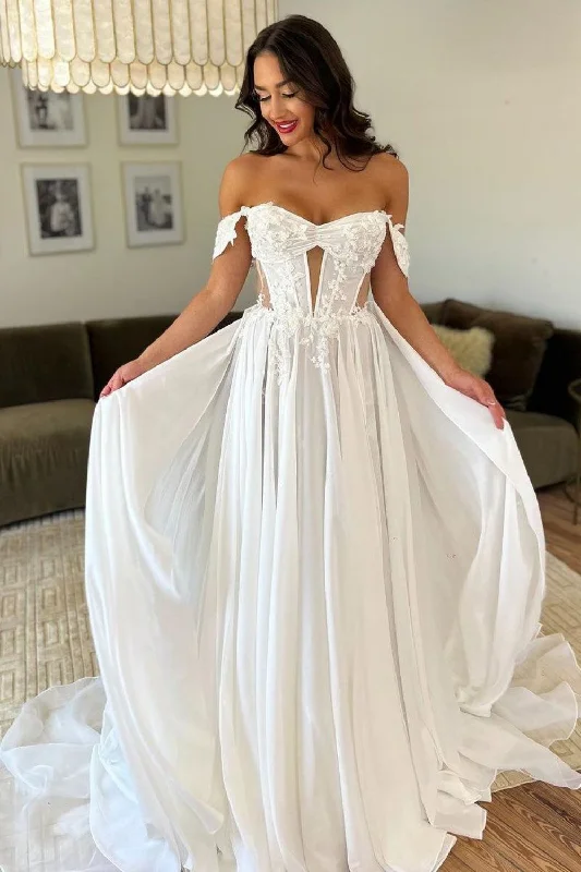 Charming A Line Off the Shoulder White Bridal Dress with Appliques