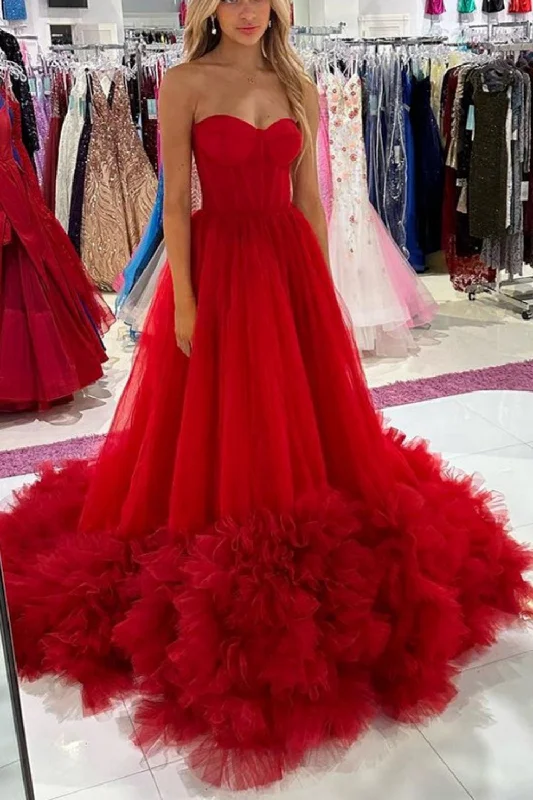 Charming A Line Sweetheart Red Corset Prom Dress with Ruffles