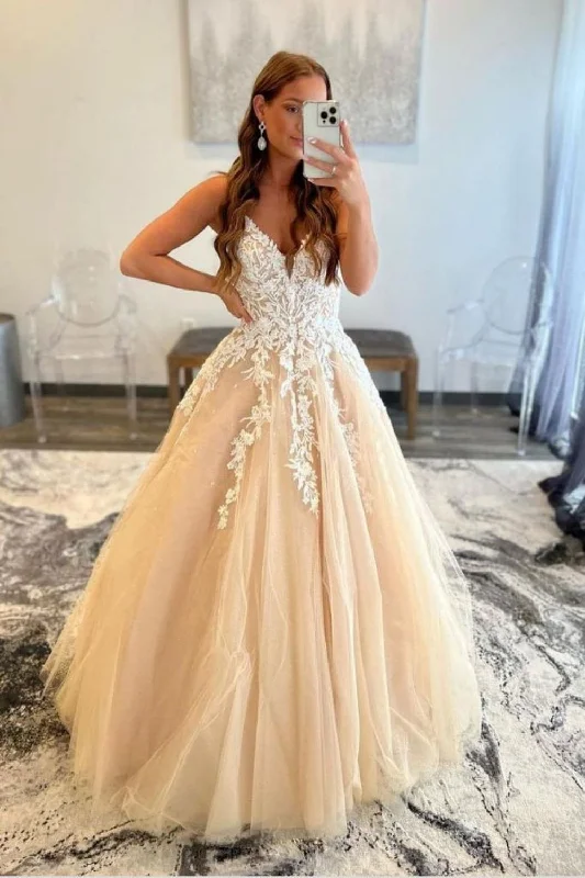 Charming A Line V Neck Champagne Prom Dress with Appliques