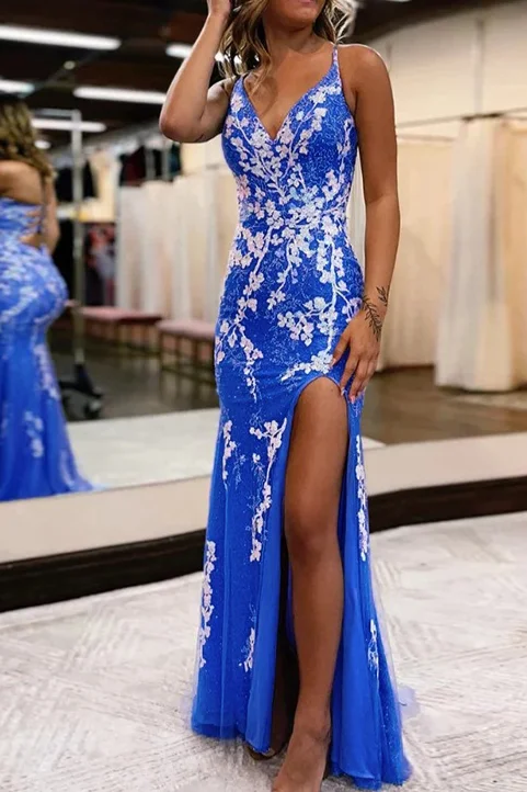 Charming Mermaid V-Neck Prom Dress with Slit, Straps Appliques Evening Dresses