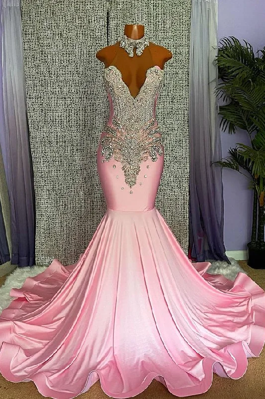 Chic High-neck Sleeveless Mermaid Prom Dress With Beading