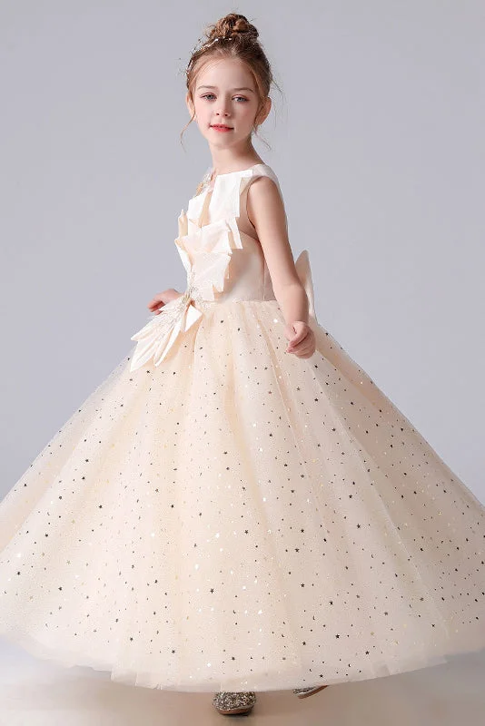 Sleeveless Appliques Pleats Princess Flower Girl Dresses With Bow