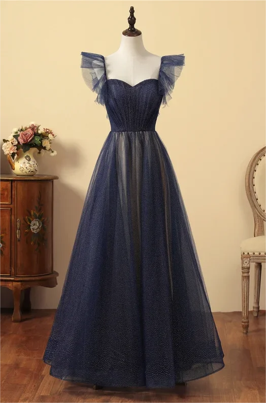 Dark Blue Flying Sleeves Prom Dress Sparkly Graduation Dress PM205