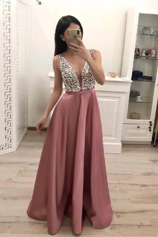 Elegant A Line V Neck Beading Prom Dresses Straps Satin Evening Dresses,BS030