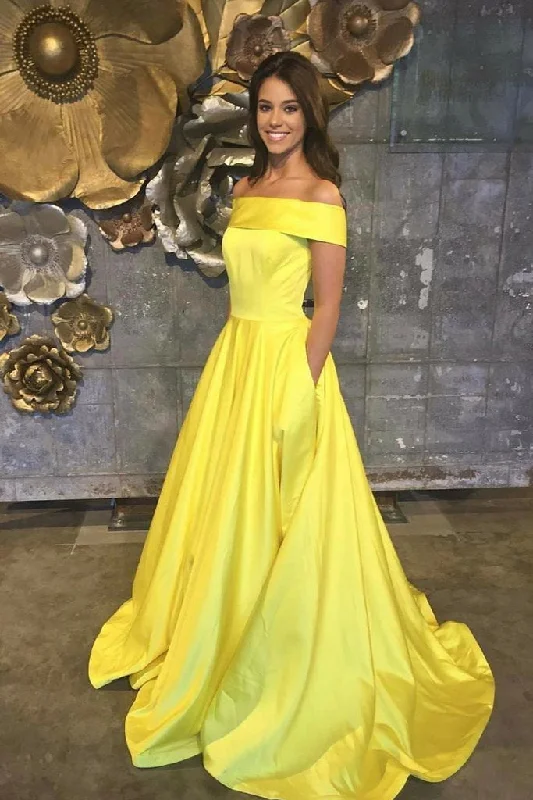 Elegant Yellow Off The Shoulder Satin A Line Princess with Pockets Prom Dresses,BS041