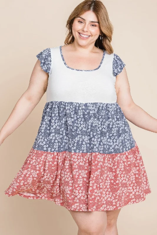 Blue Zone Planet |  Plus Size Floral Color Block Contrast Tiered Babydoll Dress