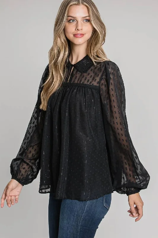 Geo Lurex Jacquard Blouse with Collar