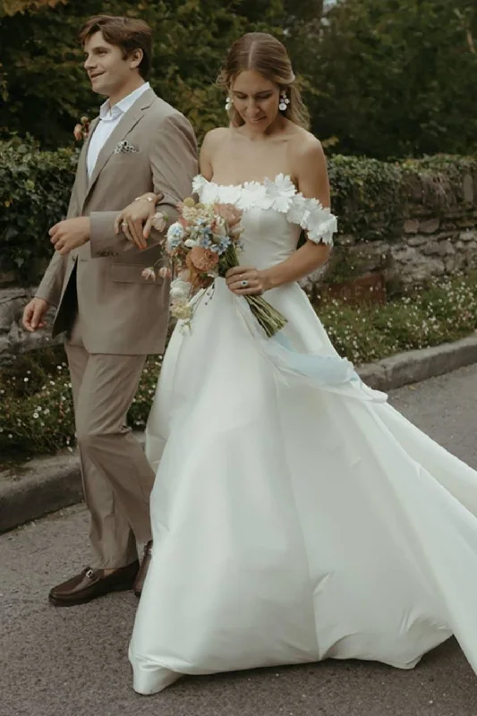 Gorgeous A Line Off the Shoulder White Bridal Dress with Flowers