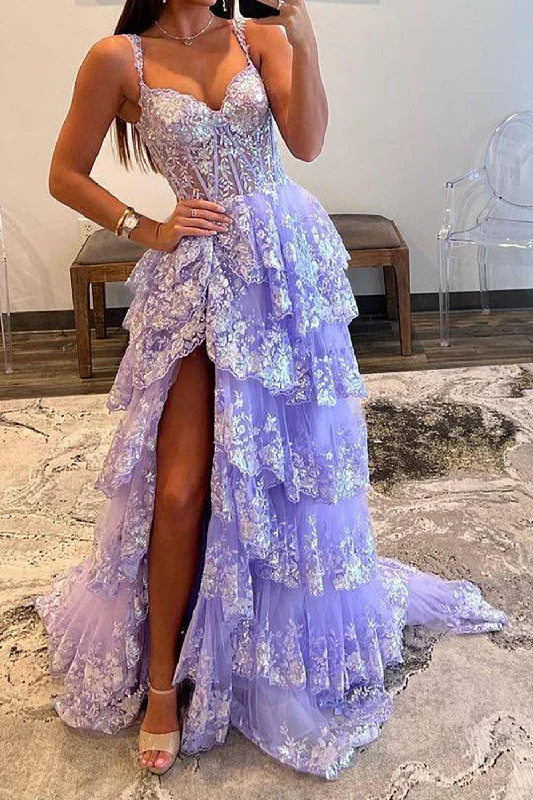 Gorgeous A Line Sweetheart Light Purple Corset Prom Dress with Ruffles