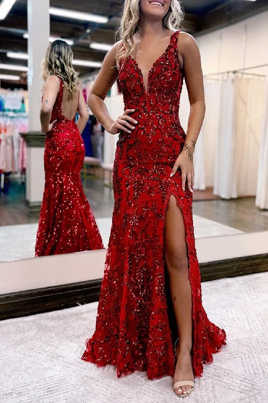 Gorgeous V-neck Straps Red Bodice Prom Dress Evening Gown with Slit