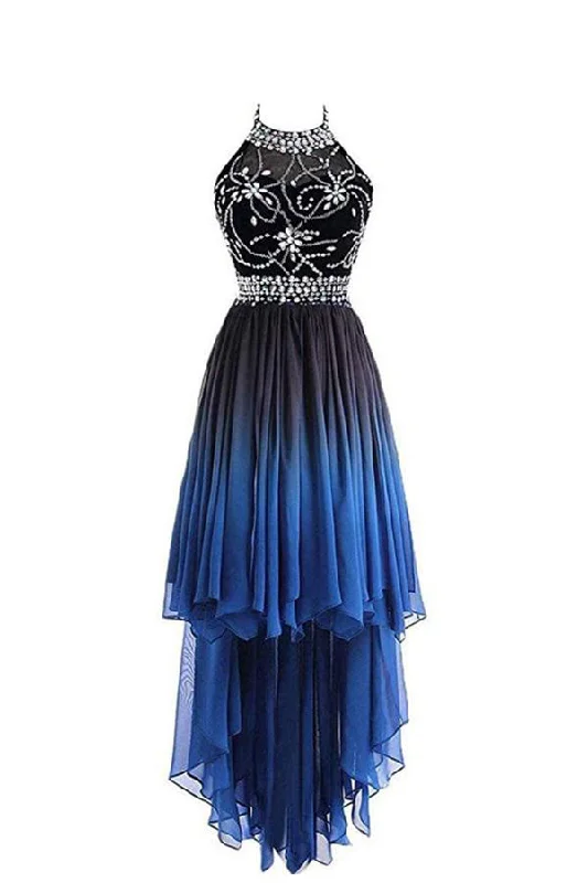 High Low Halter Sleeveless Chiffon Ombre Prom Dresses Beading Ombre Bridesmaid Dresses N1353