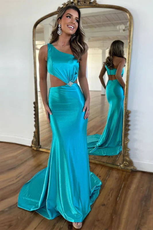 Lake Blue Satin Mermaid One Shoulder Cutout Waist Prom Dress With Beading