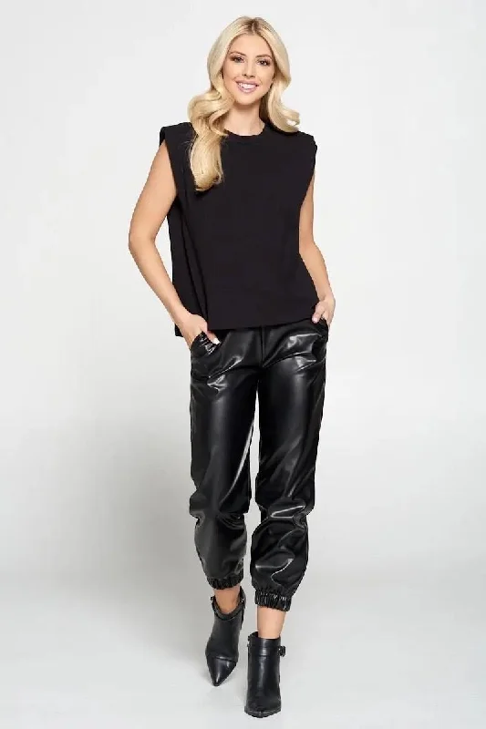 Black Solid Shoulder Pad Top