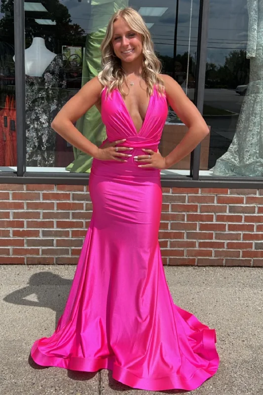 Mermaid Deep V-neck Hot Pink Prom Dress