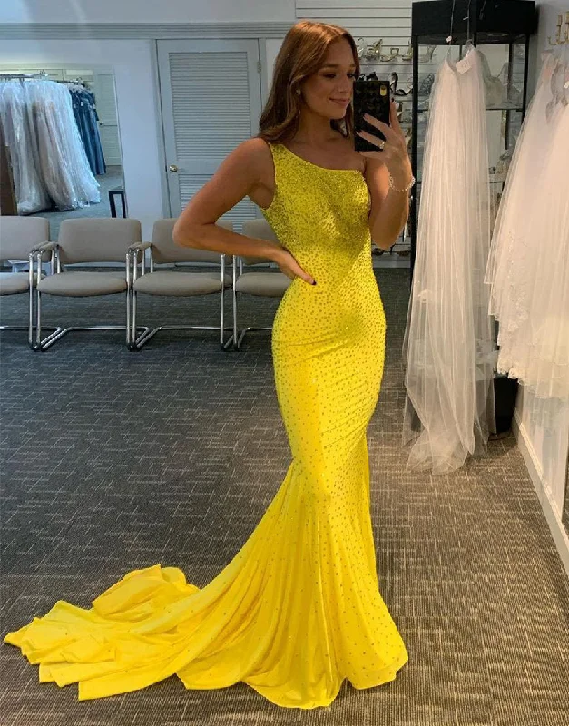 Mermaid One-Shoulder Sweep Train Yellow Prom Dress