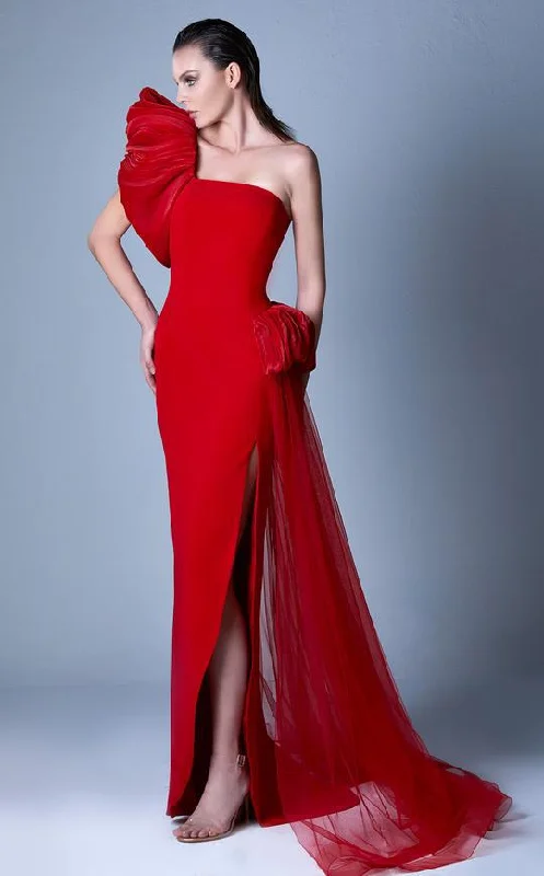 MNM Couture - G1096 One Shoulder Puff Accented Sheath Gown