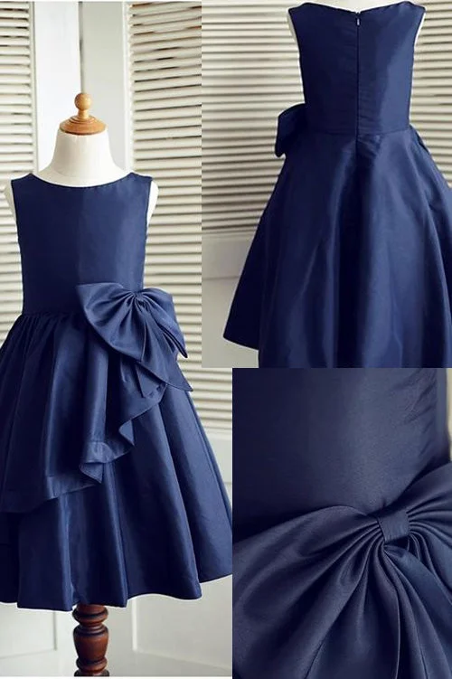 Navy Blue A Line Sleeveless Flower Girl Dresses Pageant Dresses with Bowknot Child Dresses F009