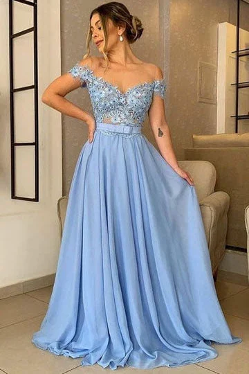 Off the Shoulder A Line Chiffon Appliques Prom Dress OK1330