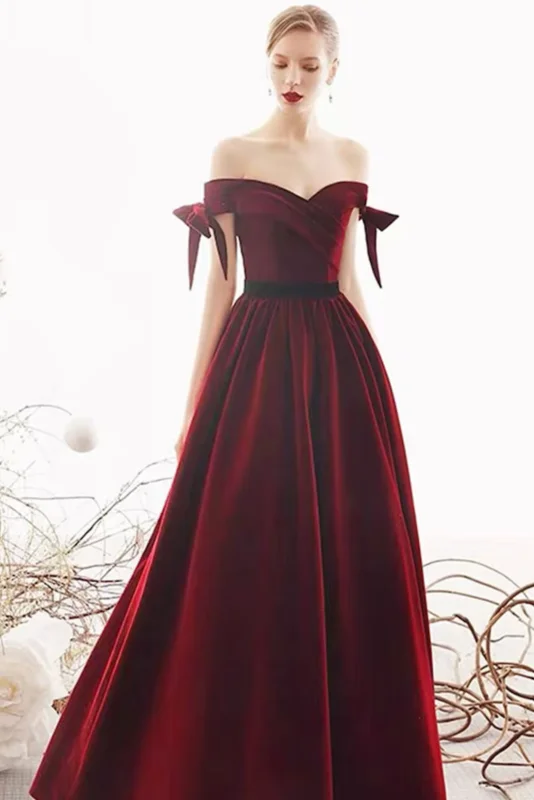 Off-the-shoulder Wine Ball gown Velvet Sweetheart A-line Prom Dress Y0464