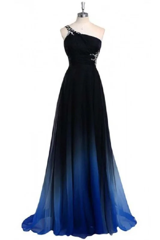 Ombre A Line One Shoulder Beading Chiffon Prom Dresses Gradient Formal Dresses N732