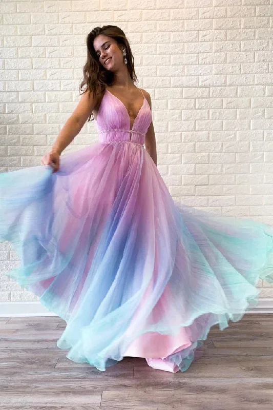 Flowy A Line Spaghetti Straps V-Neck Sleeveless Ombre Prom Dresses