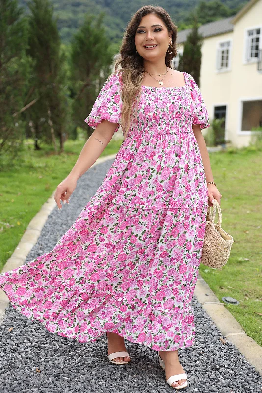 Blue Zone Planet |  Pink Plus Size Floral Print Smocked Puff Sleeve Dress