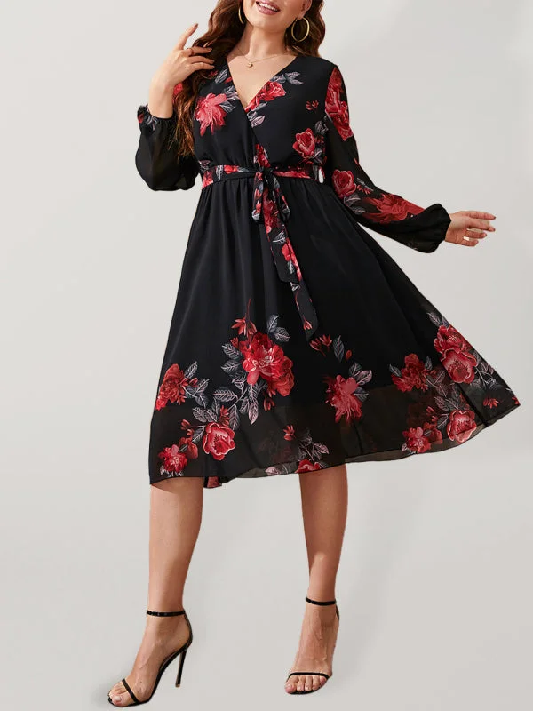 Blue Zone Planet |  Plus Size V Neck Floral Print Tie Slim Dress