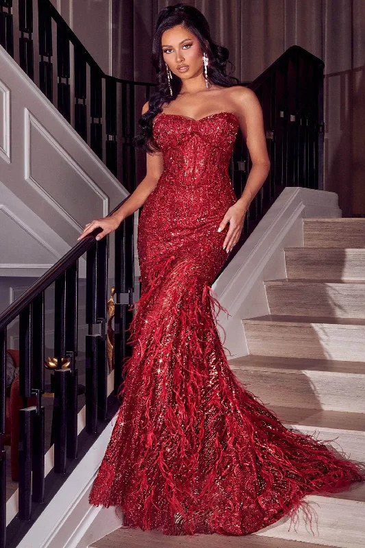 Portia and Scarlett: Captivating Red Feather Gown for Unforgettable Occasions