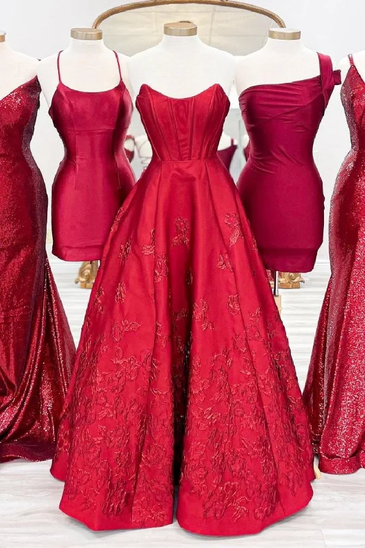 Princess A Line Strapless Red Corset Prom Dress with Appliques