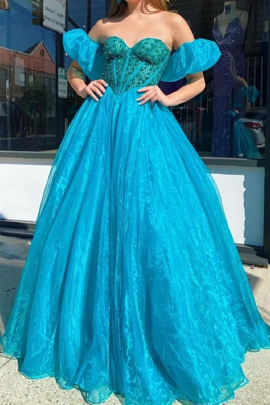 Princess A Line Sweetheart Blue Corset Prom Dress with Beading