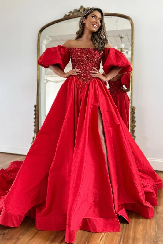 Red A-Line Off The Shoulder Court Train Satin Prom Dress With Split