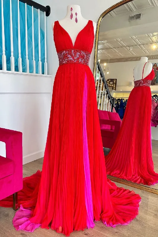 Red A-Line V-Neck Court Train Prom Dress with Beaded Belt and Slit Street style unclassified dresses Red A-Line V-Neck Court Train Prom Dress with Beaded Belt and Slit Street style unclassified dresses