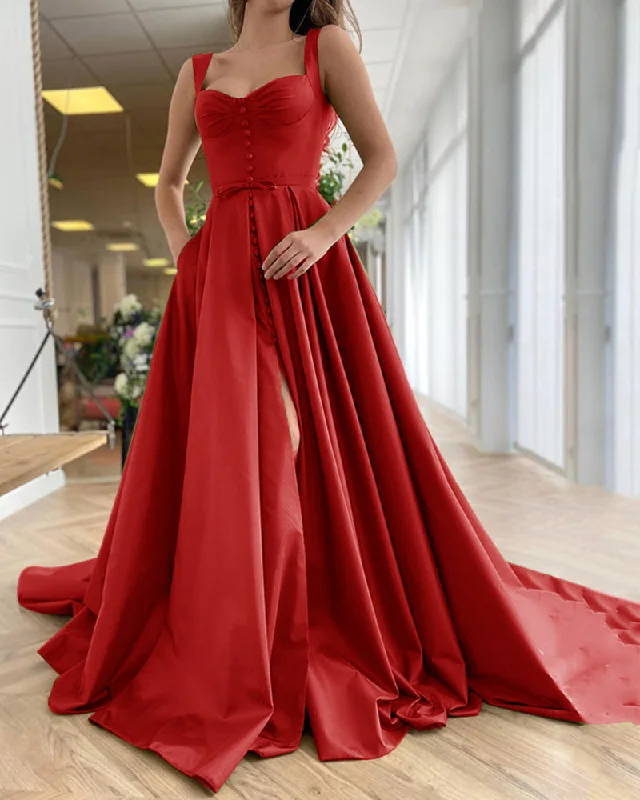 Red Cap Sleeve Prom Dress 2022 with Button Split Leg Sexy Graduation Gown PL10709