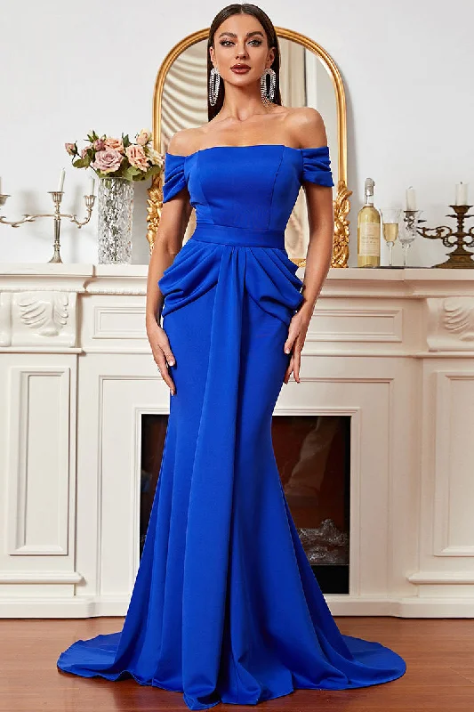 Royal Blue Mermaid Off-the-shoulder Ruched Sweep Train Prom Dresses