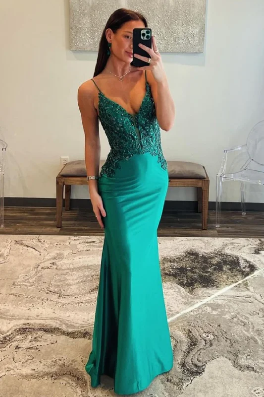 Satin Dark Green Spaghetti Straps Mermaid Open Back Prom Dress With Beading