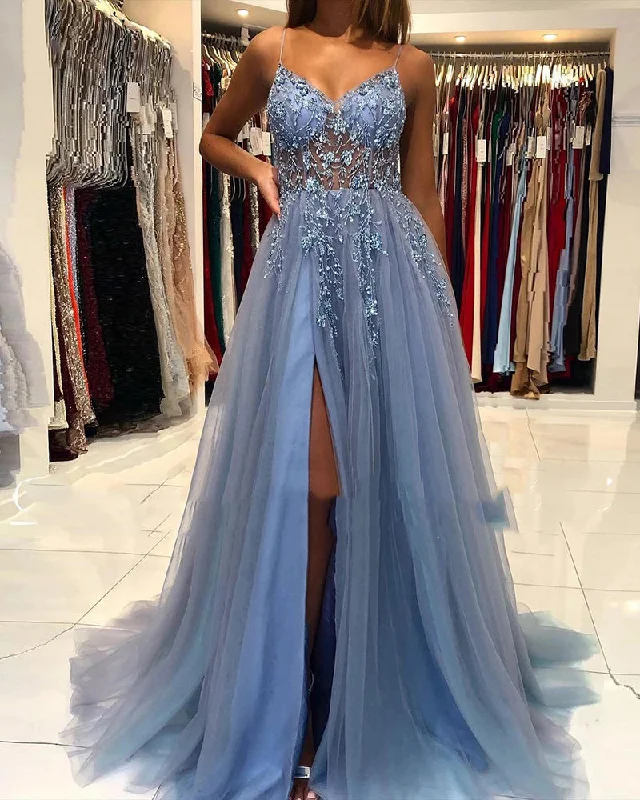 Sexy Beautiful Blue Beaded Prom Dresses 2022