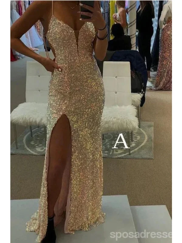 Sexy Mermaid Spaghetti Straps V-neck High Slit Cheap Prom Dresses,12954