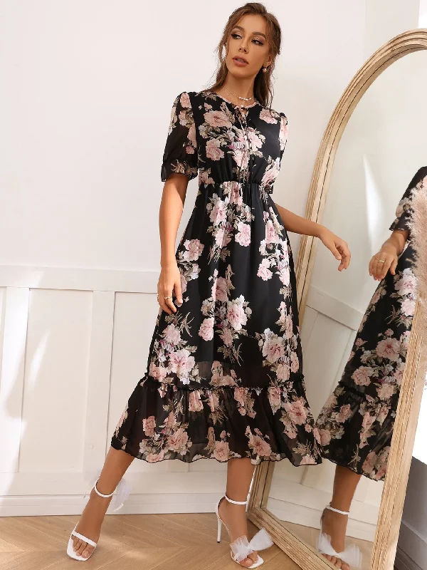 SHEIN Modely Floral Print Tie Front Flounce Sleeve Dress