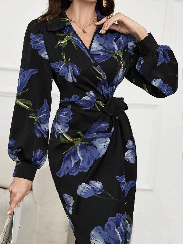 SHEIN Modely Floral Print V-Neck Wrap-Around Tie-Front Elegant Long Sleeve Dress