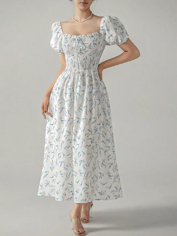 SHEIN Unity Ditsy Floral Print Puff Sleeve Knot Front Dress