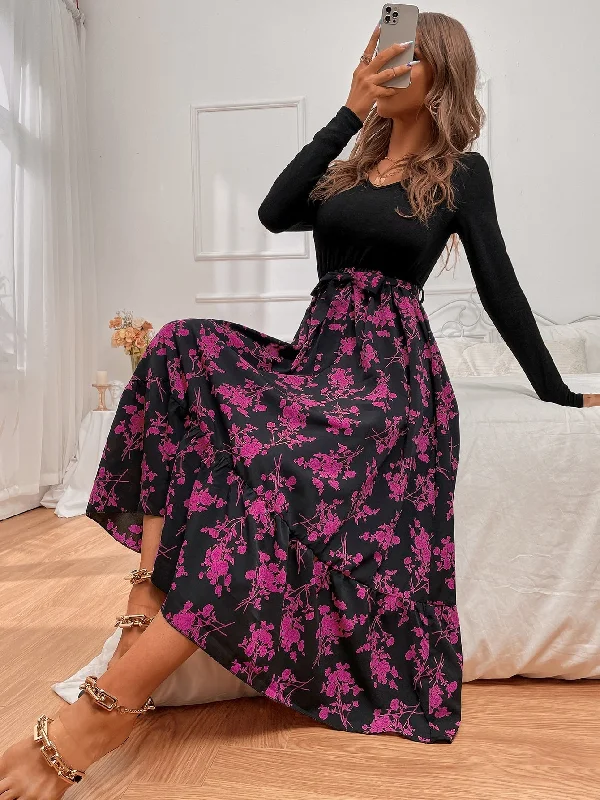 SHEIN VCAY Floral Print Belted 2 In 1 Dress