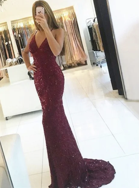 shining sparkle burgundy backless v-neck evening dress, PD02505