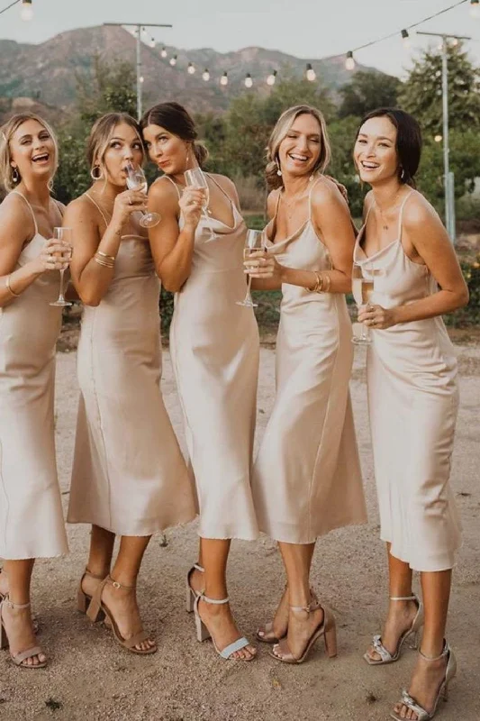 Simple Sheath Spaghetti Straps Light Champagne Tea Length Bridesmaid Dress